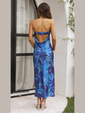 Mqtime 2024 Chic Strapless Satin Printed Maxi Dress Lady Elegant Large Backless Sleeveless Vestidos Women Casual Vacation Party Robes