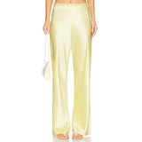 MQTIME  -  Women's Spring Summer Silk Satin Long Pants Elastic High Waist Solid Color Elegant Loose Fit Silky Wide Leg Trousers