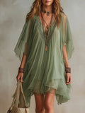  MQTIME  -  Spring Sexy Deep V Neck Loose Mini Dress Women Elegant Solid Ruffle A-Line Party Dress Summer Short Sleeve Mesh Party Dress
