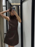  MQTIME  -  Women's Feather Patchwork Short Dresses Vintage Brown Slim Fit Backless Mini Dresses Party Evening Gown Casual Streetwear