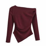 MQTIME  -  Asymmetric Long Sleeve Top Women 2025 New Spring Casual Slim Shirts Blouse Female Off Shoulder Burgundy Shirts & Blouses Tops