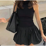 MQTIME  -  Casual A Line Dress Women Slim Round Neck Sleeveless Puffy Robe Female Spring Fashion Solid Soft High Waist Dresses Lady