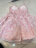 MQTIME  -  Korean Style Gentle Printing Slip Dress Female 2024 Summer Pink Sweet High Waist Slim Fit Figure Flatting Puffy Dress Princess