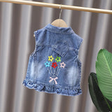 MQTIME  -  2-8 Years Old Girls Denim Vest Turn Down Collar Sleeveless Kids Cartoon Jean Jacket Spring Autumn Casual Kids Outerwear