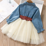 MQTIME  -  Spring Autumn Girls Dress Korean Version Denim Stitching Mesh Dress + Detachable Polka Dot Belt Suit Dress