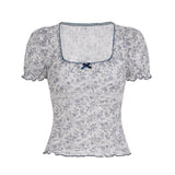 MQTIME  -  American Vintage Flower Print Bow Gauze Sexy Sheer Fake Two Piece Y2k Square Collar Short Sleeve Women's T-shirts