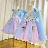 MQTIME  -  Luxury Sky Blue Baby Flower Girl Dresses Beaded Arab Pearls Princess Kids Gown for Birthday Wedding Evening Party J072