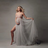 MQTIME -  Chic Tulle Pregnancy Dresses With Beads Baby Shower vestido de fiesta Fashion High Split Crystals Maternity Gowns To Photo-shoot