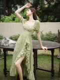 MQTIME  -  French Style Summer Women Green Fairycore Dress Square Collar Solid Sweet Travel Holiday Dress Stylish Ruffles Feminine Dresses