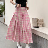 Mqtime Korean Contrast Color Plaid Sweet A-line Skirt Women Summer New High Waist Pleated Casual Mid-length Skirt