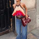 MQTIME  -  Women's Boho Fringe Halter Top Sleeveless Backless Tassel Tank Tops Y2k Sexy Asymmetrical Knit Party Camisole Vest