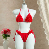 MQTIME  -  Women's 2Piece Swimsuits Lace-up Halter Neck Ruffled 3D Mesh Flower Backless Bra and Side Tie Up Thong Bathing Suits
