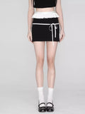 MQTIME  -  Contrast Patchwork Black Skirt for Women Ballet Style Ruffled High Waist Mini Skirt Korean Fashion Cute Summer Clothes