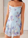 MQTIME  -  Women s Floral Print Spaghetti Strap Backless Tie-up A-line Dress Sleeveless Summer Mini Dress with V-neck