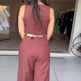 MQTIME  -  Women Jumpsuit Summer Casual Solid V Neck Button Cutout Sleeveless Slim Loose Wide Legs Pants Romper High Streetwear