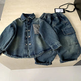 MQTIME  -  Boys Suit Spring and Summer New Childrens Clothes Boys Baby Foreign Cool and Handsome Wash Denim Two-piece Set Simple