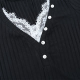 MQTIME  -  Lace Patchwork Ribbed Bodycon Maxi Dress Women Fashion Sexy Buttons V Neck Full Sleeve High Slit Casual Streetwear Long Robe
