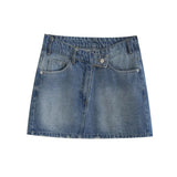 MQTIME  -  2024 Summer New Product Women's Mid Waist Oblique Waist Decorated with Strap Short Skirt Denim Mini Skirt