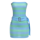 MQTIME  -  Strapless Contrasting Stripe Mini Dress Women Sexy Sleeveless Backless Belt Bodycon Dresses Summer Vacation Female Clothing