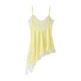  MQTIME  - Irregular Lace Stitching Mini Dress Women Satin Off Shoulder Sleeveless See Through Short Dresses Sexy Casual Summer Party Gown
