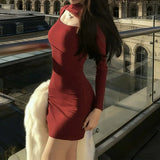 MQTIME  -  Korean Simple Style Red Flame Burgundy Deconstruction Hollow Backless Hip Dress Spring New