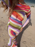 MQTIME  -  Colorful Stripe Maxi Dress Women Chic Off Shoulder Long Sleeve Tulle See Through Slim Dresses Summer Lady Vacation Robes