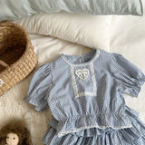 MQTIME  -  New Summer Toddlers Kids Plaid Sets Lace Puff Sleeve Tops Layered Shorts 2pcs Baby Girls Cute Outfits