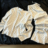 MQTIME  -   Pajama Set Autumn Korean Style Heart Bow Print Long Sleeve Cute Loungewear Ruffle Trim Button Up Home Sleepwear Korean Style