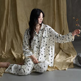 MQTIME  -  Women Spring Autumn and Winter Pure Cotton Long-sleeved Striped Lace Lapel High-end Light Luxury Loungewear Set Comfort