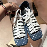 MQTIME  -  Vintage Denim Blue Lace-Up Chunky Heels Women's Pumps Polka-Dot Square-Toe Mary Jane Shoes Ballet-Style Dress Shoes Lolita Shoes