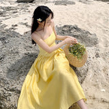 MQTIME  -  Yellow Elegant Slim Backless Pleated Slip Long Dresses Women High Waist Sleeveless Backless Sexy Birthday Party Dress Summer New