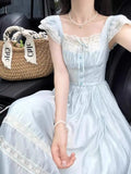 MQTIME  -  Summer Sweet Fly Sleeve Blue Bownot Fairy Dress Slim French Style Patchwork Lace Dress A-line Women Casual Dress