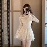 MQTIME  -  French Diagonal Neck Lace Splicing Dress Women Autumn New Temperament Lotus Leaf Edge Waist Long Sleeve Short Vestido