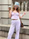 MQTIME  -  Striped Lace Up Women Trouser Suits Sleeveless Backless Ruffles Strap Crop Top High Waist Pants 2024 Summer New Chic Lady Sets