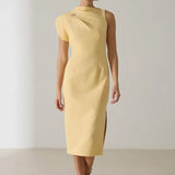 MQTIME  -  Elegant Office Lady Solid Straight Party Dress Spring Crew Neck Hollow Side Split Boho Dress Women Slim Bodycon Hips Dress Mujer