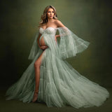 Mqtime Elegant Mint Green Maternity Gown for Photoshoot or Babyshower Tulle Maternity Dresses Long Bell Sleeves Pregnancy Dress Custom