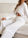  MQTIME  -  Women’s Spring Outfits Long Sleeve Tie-up Open Front Tops Shirts  + Ruffle Loose Pants 2 Piece Set Summer Loungewear