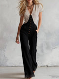 MQTIME  -  Retro Jumpsuit Women Sexy Slim Fit Stripe Print Short Sleeve Deep V-Neck Versatile Casual Wear Summer Fashion Pants