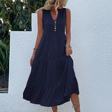 MQTIME  -  Solid Color Straight Tank Dress Sleeveless Holiday Viscose Maxi Dress Button Up V Neck Boho Dress Vacation Robes