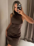  MQTIME  -  Women's Feather Patchwork Short Dresses Vintage Brown Slim Fit Backless Mini Dresses Party Evening Gown Casual Streetwear