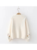 MQTIME  -  Japanese Mori Girl Autumn Winter Women Sweater V Neck Beige Blue Knitted Cardigan Elegant Floral Embroidery Warm Sweet Outerwear