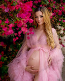 MQTIME  -  Sexy Pink Prom Dresses Tulle Ruffled Slit  Maternity Dress for Photoshoot Babyshower Pregnancy Tiered Ruched Customized Robes