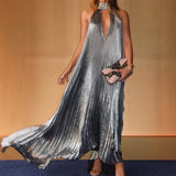  MQTIME  -  Fashion Metallic Pleated Solid Long Dress Casual Sleeveless Backless Loose Party Dress Women Sexy Hollow Out Halter Swing Dress