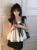MQTIME  -  French Sweet Color Block Polka-Dot 2 Piece Dress Set Women Bow Lace Trim Ruffle Sleeve High Waist Bodycon Slim Fit Mini Dress