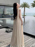 MQTIME  -  French Beige Elegant Vacation Halter Backless Birthday Party Pleated Fairy Dress A Line Prom Evening Gowns Long Dresses Summer