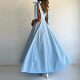  MQTIME  -  Simple Fashion Lace-up Bow Suspenders Dress Women Sexy Square Collar High Waist A-Line Dress Summer Sleeveless Boho Maxi Dresses