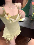 MQTIME  -  Summer Cottage Core Gyaru Mini Two Piece Sets Dress Women Mori Girl 2000s Aesthetic Vintage Spaghetti Strap Frocks One Piece New