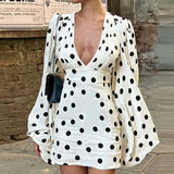 MQTIME  -  Summer Sexy Deep V Neck Hollow Dresses Fashion Polka Dot Print Slim Evening Dress Women Spring Long Sleeve High Waist Mini Dress