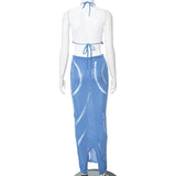 MQTIME  -  Summer Fashion Women's Sexy Hollow Mesh Backless Top Pulling Rope Long Dress Elegant Sexy Party Dress Solid Color Blue Set