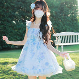 MQTIME  -  Party Mini Dresses Women Sweet Bow Floral Printed Ruffles Flying Sleeve Square Collar Princess Elegant Dress Female